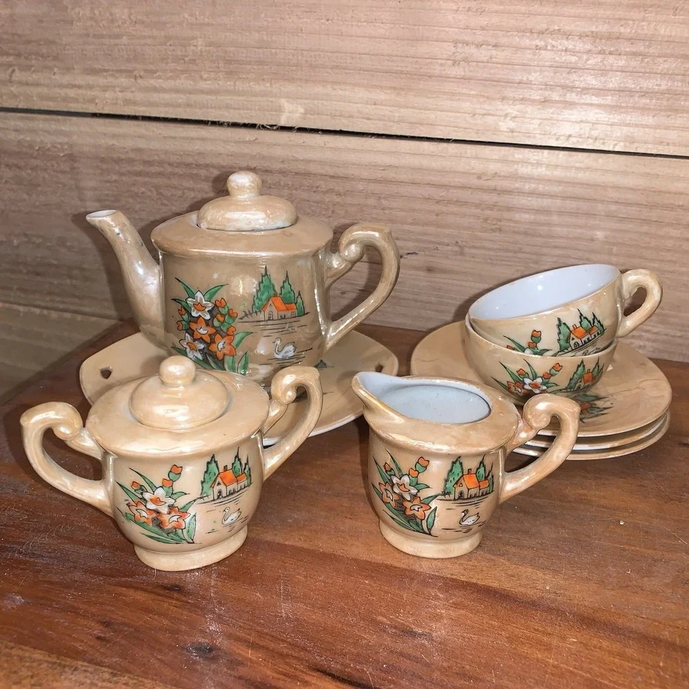 VTG Miniature Child Tea Set Pearlescent Lusterware Japan Flowers Swan House 11pc